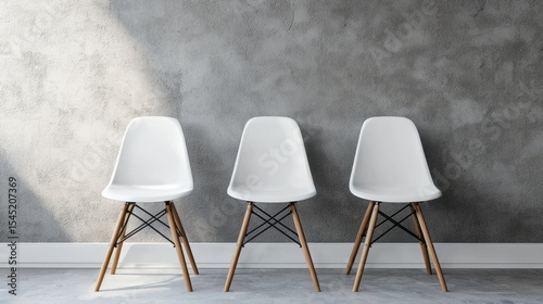 Three white chairs with wooden legs and black seats, arranged in a row against a plain, textured concrete wall with a light wooden floor.