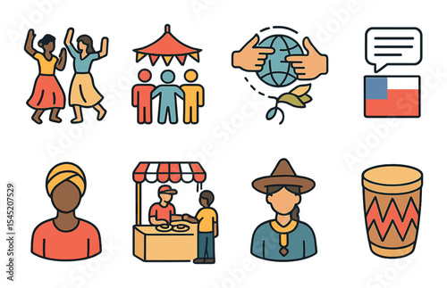 Cultural festival icons set – outline, celebration, and tradition symbols