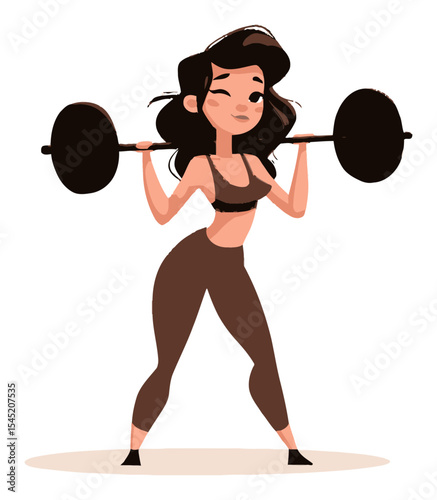 Strong Cartoon Woman Lifting Barbell in Fitness Pose Vector Illustration