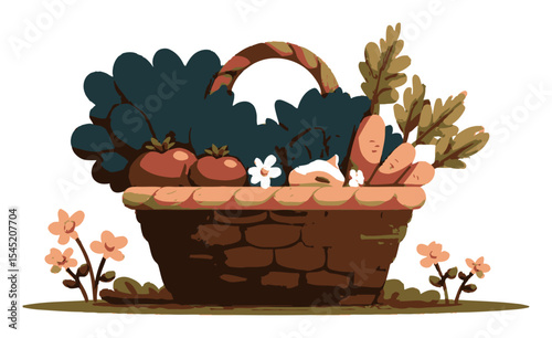 Colorful Cartoon Basket with Vegetables and Flowers in a Whimsical Style