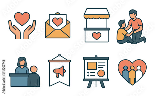 Nonprofit organization icons set – outline, charity and community support graphics