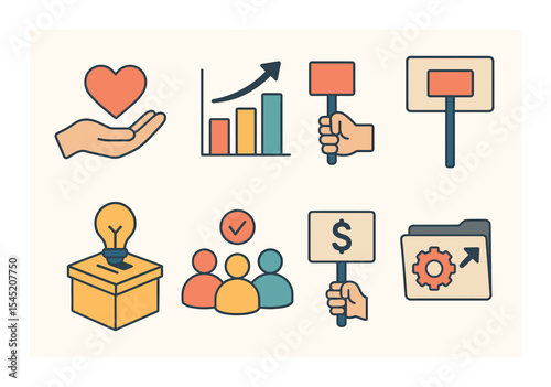 Social impact icons set – flat, community and charity themed symbols for easy use