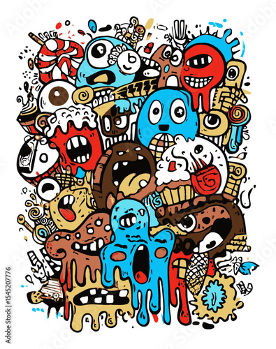 Colorful Doodle Art Featuring Playful Characters and Whimsical Patterns