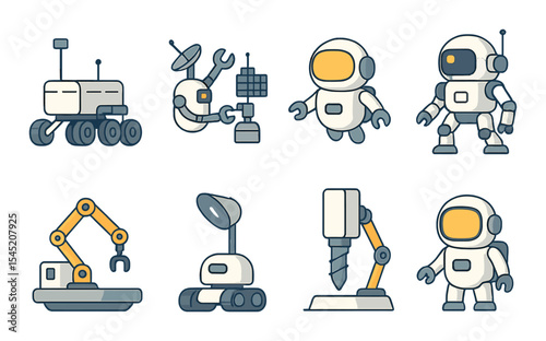 Space robotics icons set – outline, futuristic and technology symbol collection