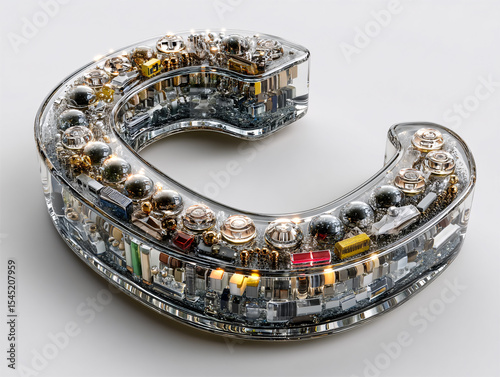 3D rendering of a transparent, glass-like letter 