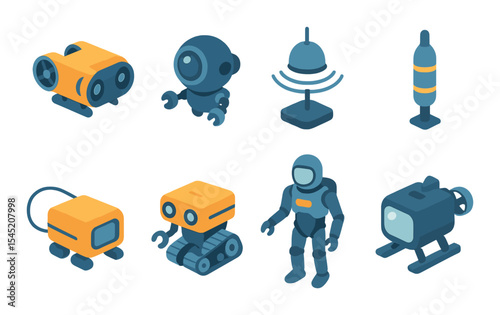 Underwater robot icons set – 3d, aquatic automation and marine technology graphics