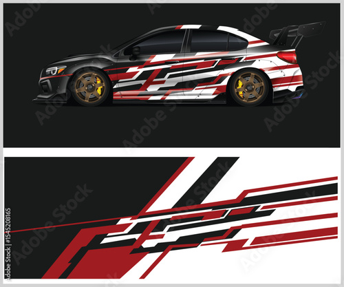 Sleek Sports Car Graphic Wrap Design with Red White and Black Accents