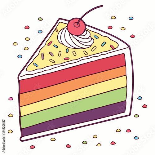 Rainbow Layer Cake Slice Vector Illustration Red Orange Yellow Green Purple Layers Whipped Cream