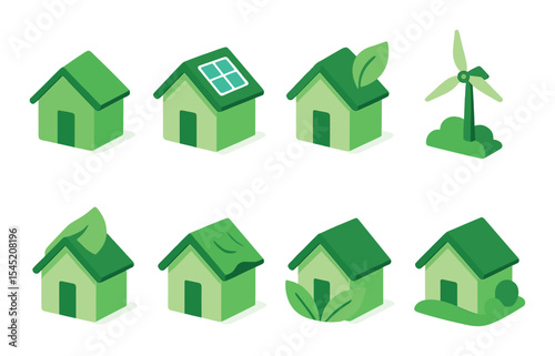 Eco friendly home icons set – flat, green living and sustainable energy symbols