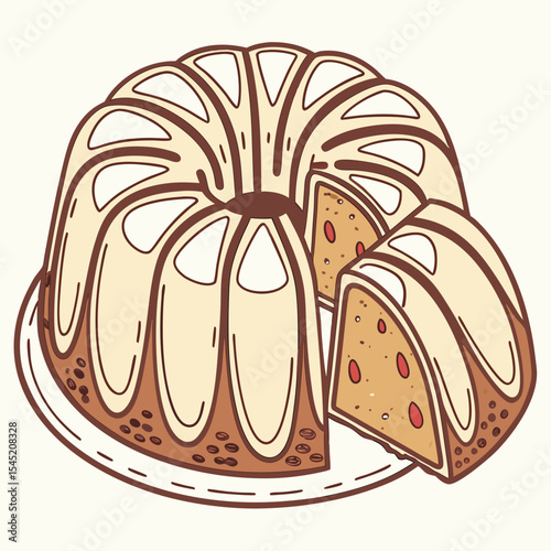 Beige and Brown Bundt Cake Vector Illustration Isolated on White Background Showing a Slice Removed