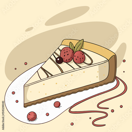 Creamy Cheesecake Slice with Strawberries and Drizzle on White Plate Beige Background