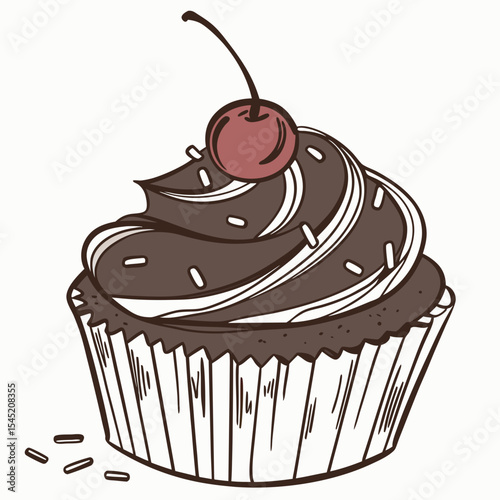 Delicious Chocolate Cupcake with Swirled Frosting and Cherry Topping Isolated on White Background