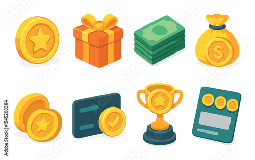 Rewards and achievements icons set – 3d, prizes and recognition symbols