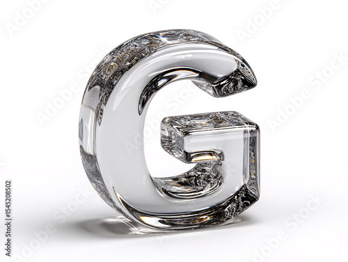 3D rendering of a transparent, glass-like letter 