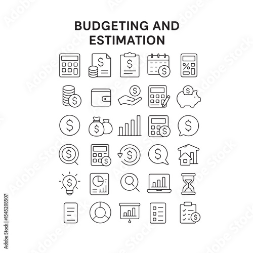 Set of 30 outline icons related to budgeting, estimation. Linear icon collection. Editable stroke. Vector illustration