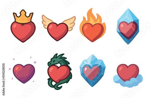 Fantasy heart icons set – flat, mythical and magical design symbols for enchanting themes