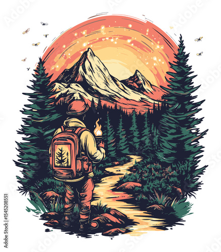 Adventure Seeker in Nature with Scenic Mountains and Vibrant Sunset Background
