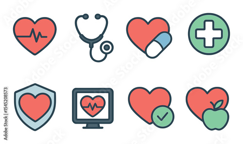 Heart health icons set – outline, medical symbols and wellness graphics