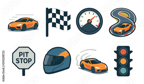 Racing icons set – flat, speed and pit stop symbols for automotive design