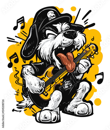 Playful Cartoon Dog Character Playing Guitar with Musical Notes Background