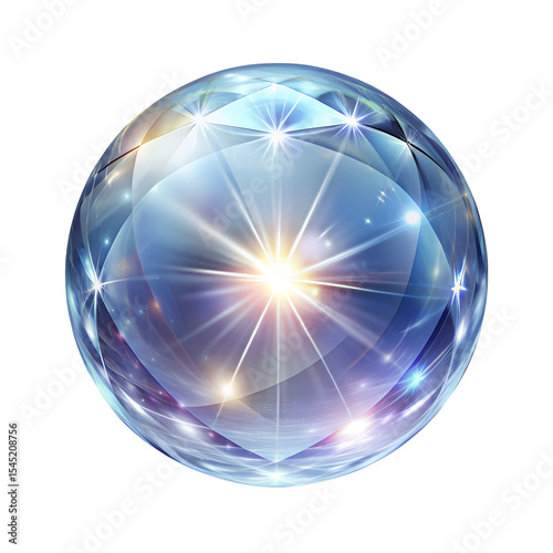 Abstract blue crystal sphere with glossy glass texture and reflective globe design