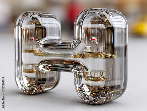 3D rendering of a transparent, glass-like letter 