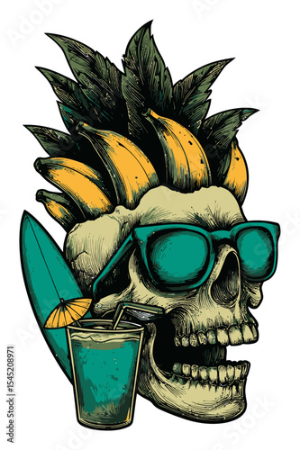 Skull with Tropical Drink and Banana Mohawk in Retro Style Art Design
