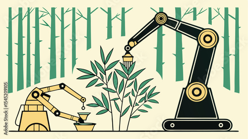 Two robotic arms interacting with plants in a forest setting with a light background tone present