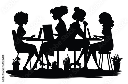Silhouette of Four Women Working Together in a Creative Office Setting