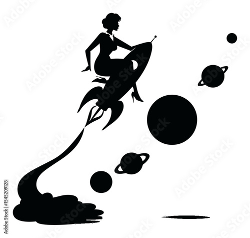 Elegant Silhouette of a Woman Riding a Rocket Among Planets in Space