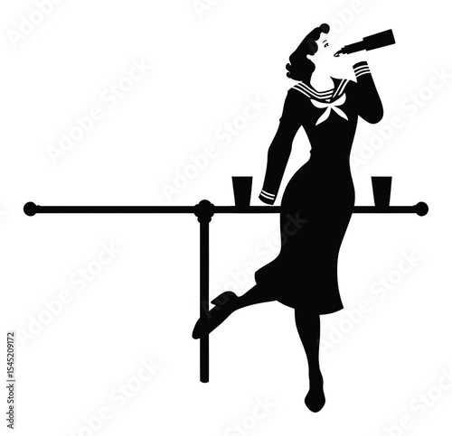Vintage Silhouette of a Woman in Sailor Outfit Drinking at Bar