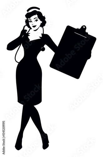 Elegant Vintage Silhouette of a Woman with a Clipboard and Telephone Receiver