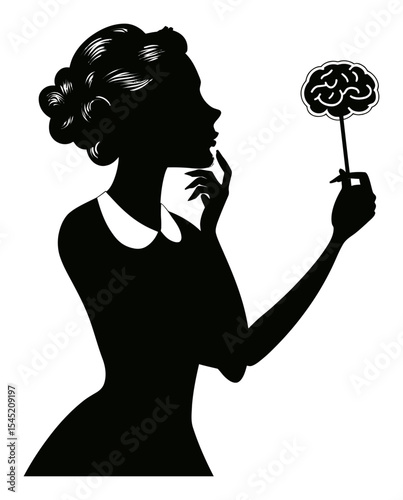 Elegant Silhouette of Woman Holding Brain with Thoughtful Expression