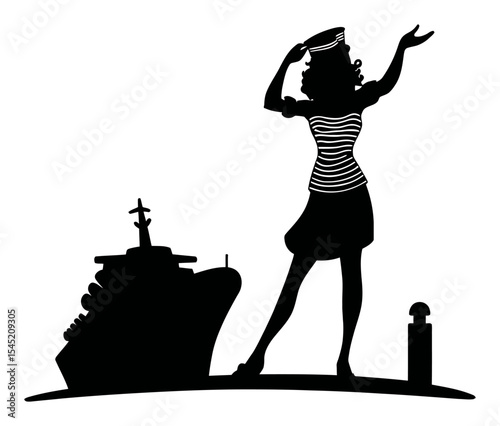 Silhouette of Woman Saluting Near Ship, Nautical Theme and Travel Inspiration