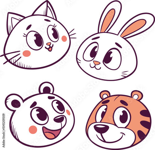 Four cute cartoon animal faces including cat rabbit bear and tiger with big eyes