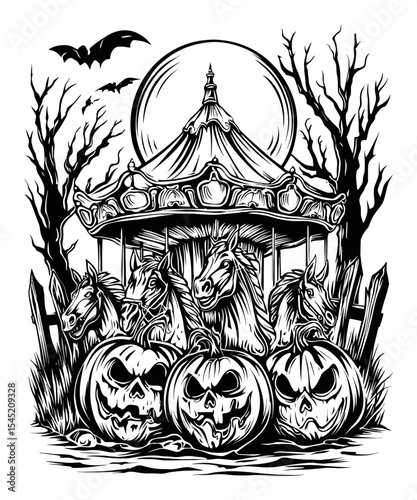Spooky Hand-Drawn Halloween Carousel with Pumpkins and Eerie Horses