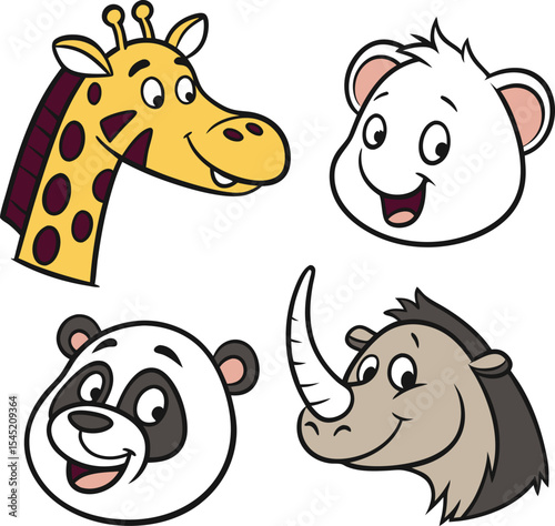 Four cute cartoon animal faces including giraffe panda rhinoceros and polar bear