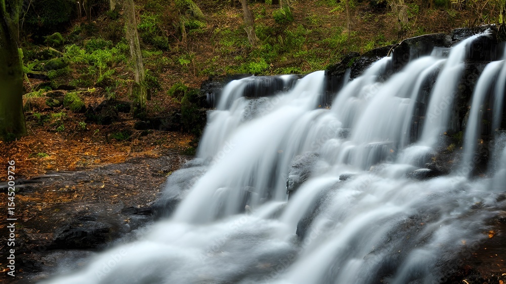 Fototapeta premium Beautiful cascading water flows over rocks in a vibrant green forest, creating a serene natural landscape
