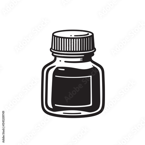 A detailed black and white silhouette illustration of an ink bottle for vintage art projects and creative design