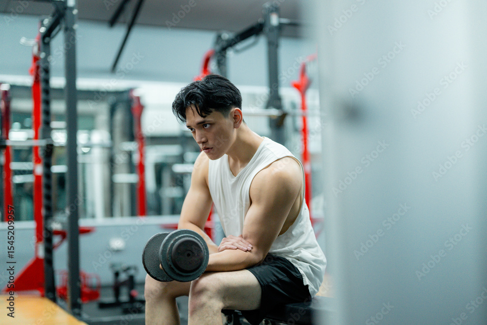 Young athlete lifting dumbbell and training biceps in gym Young athlete lifting dumbbell and training biceps in gym