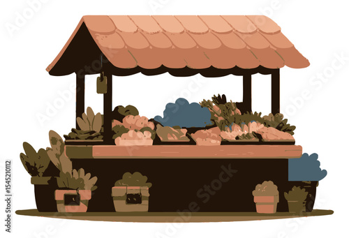 Colorful cartoon vegetable market stand with fresh produce and plants
