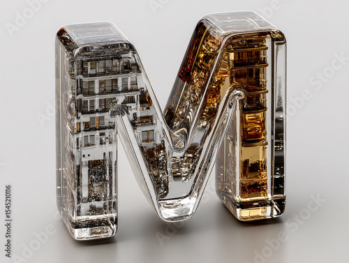 3D rendering of a transparent, glass-like letter 