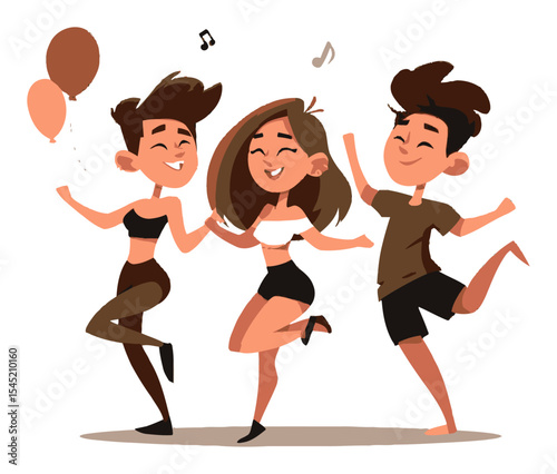 Joyful Cartoon Characters Dancing with Balloons and Music Notes