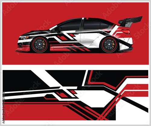 Sleek Sports Car with Custom Racing Livery Design on a Red Background