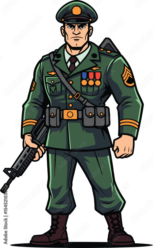 Fototapeta premium Vector mascot of confident army captain with a weapon.