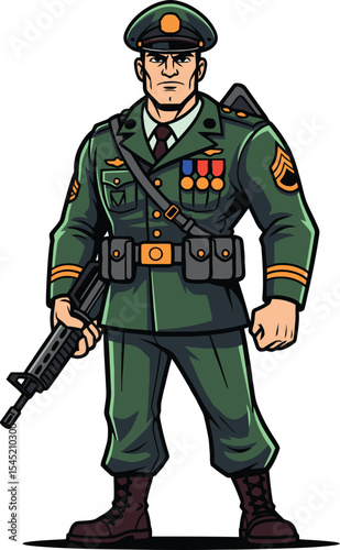 Vector mascot of confident army captain with a weapon. 