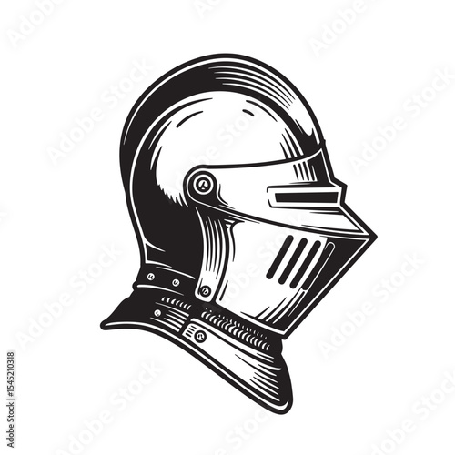Antique vintage medieval knight helmet silhouette emblem in black and white graphic art for design and illustration