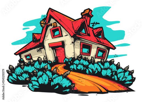 Colorful Vector Art of Whimsical House Surrounded by Bushes and Clouds