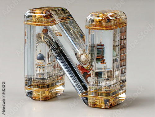 3D rendering of a transparent, glass-like letter 