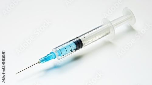 A syringe with a blue liquid inside, lying on a white surface with a blurred background.
